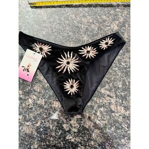 Oceanus Swimwear Black Velvet Embroidered Bikini Bottoms Gold Floral V-Front L